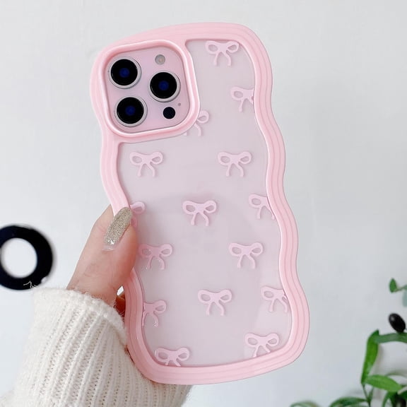 PLUHKN-Bow Case for iPhone 16 Pro Max, Clear Cute Ribbon Bow Phone Case Curly Wavy Aesthetic Phone Case, Slim Soft Transparent Shockproof Protective Cover for Women Girls - Pink