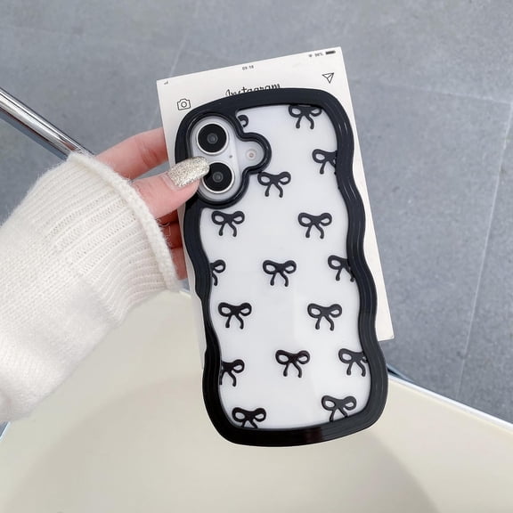 PLUHKN-Bow Case for iPhone 17, Clear Cute Ribbon Bow Phone Case Curly Wavy Aesthetic Phone Cover, Slim Soft Transparent Shockproof Protective Cover for Women Girls - Black