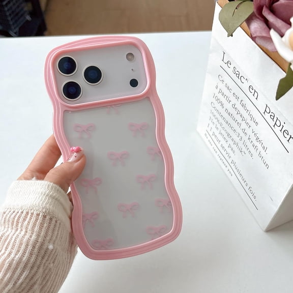 PLUHKN-Bow Case for iPhone 17 Pro Max, Clear Cute Ribbon Bow Phone Case Curly Wavy Aesthetic Phone Cover, Slim Soft Transparent Shockproof Protective Cover for Women Girls - Pink