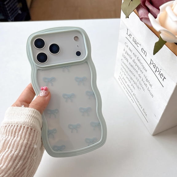 PLUHKN-Bow Case for iPhone 17 Pro Max, Clear Cute Ribbon Bow Phone Case Curly Wavy Aesthetic Phone Cover, Slim Soft Transparent Shockproof Protective Cover for Women Girls - Light Blue