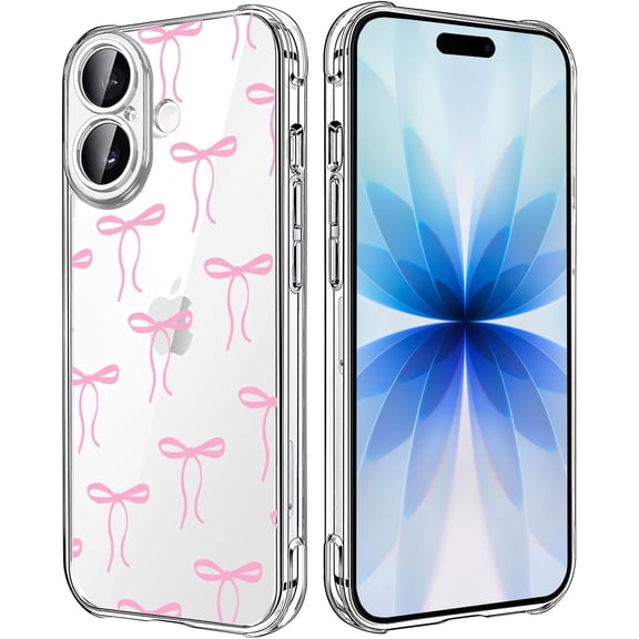 PLUHKN-Bow Clear Case for iPhone 17, Aesthetics Ribbon Bow Knot Girls and Women Back Case Cover, Cute Trendy Transparent Flexible TPU Bumper Shockproof Protective Phone Case, Pink Bows