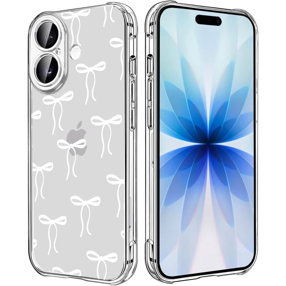 PLUHKN-Bow Clear Case for iPhone 17, Aesthetics Ribbon Bow Knot Girls and Women Back Case Cover, Cute Trendy Transparent Flexible TPU Bumper Shockproof Protective Phone Case, White Bows