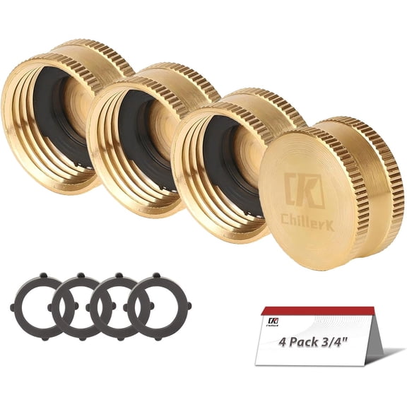 PLUHKN-Brass Garden Hose End Plug Caps With Washers, 4 Pack 3/4 Female End Caps With 4 Washers, Brass Spigot Cap.
