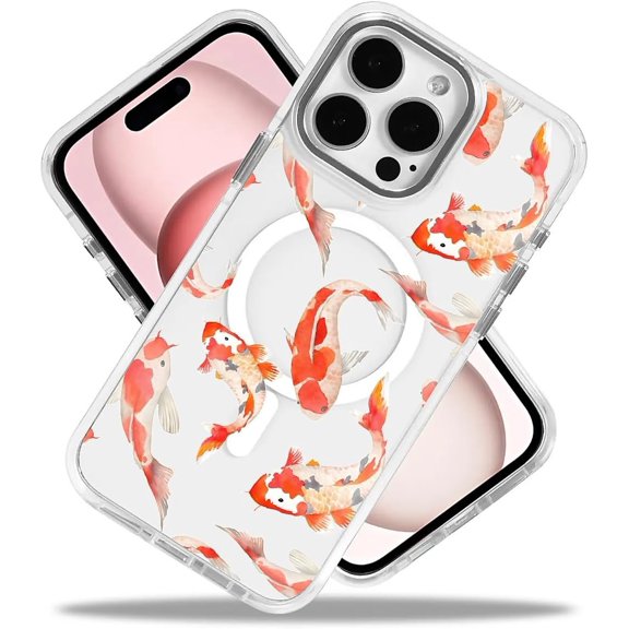 PLUHKN-Case for iPhone 16,Compatible with MagSafe,Koi Fish for Women Girls Slim Cute Hard Back Shockproof Phone Case for iPhone 16,White