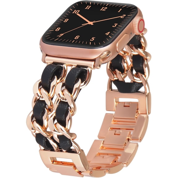 PLUHKN-Compatible With Apple Watch Band for Woman 38mm 40mm 41mm, Metal Strap Leather Over Gold Chain Cowboy Style Replacement iWatch Series 9 8 7 6 5 4 3 2 1 SE (Rose Gold Link with Black Leather)