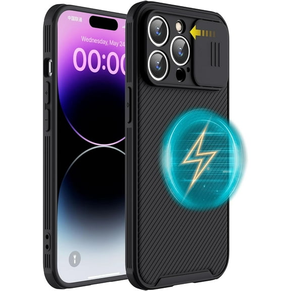 PLUHKN-Compatible with iPhone 13 Pro Max Case, iPhone 13 Pro Max Phone Case with Slide Lens Cover,Slim Magnetic Cover for iPhone 13 Pro Max 6.7" Black