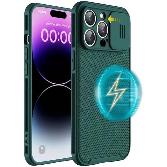 PLUHKN-Compatible with iPhone 14 Pro Max Case MagSafe, iPhone 14 Pro Max Phone Case with Slide Lens Cover,Slim Magnetic Cover for iPhone 14 Pro Max 6.7" Green