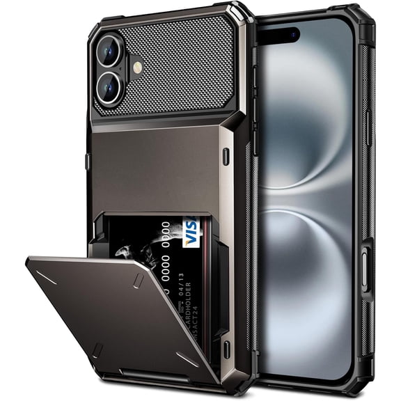 PLUHKN-Compatible with iPhone 16 Case with Card Holder Dual Layer Heavy Duty Shockproof Hidden Flip 4-Card Slot Wallet Phone Case for iPhone 16 for Women Men, 6.1 Inch Gun Metal