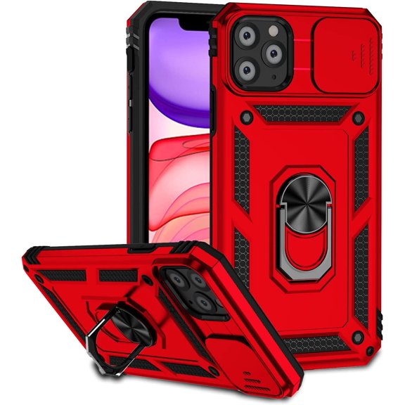 PLUHKN-Compatible with iPhone 11 Pro Max Case 6.5", iPhone 11 Pro Max Magnetic Case with Camera Cover & Kickstand Military Grade Shockproof Cover Red