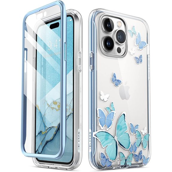 PLUHKN-Cosmo Series Case for iPhone 14 Pro 5G 6.1 Inch (2022 Version), Slim, Stylish Full Body Protective Case with Integrated Display Cover (Bluefly)