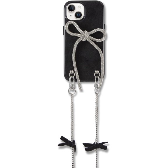 PLUHKN-Crossbody Case for iPhone 15/14/13 - Black with Stylish Silver Detachable Chain - Big Bow