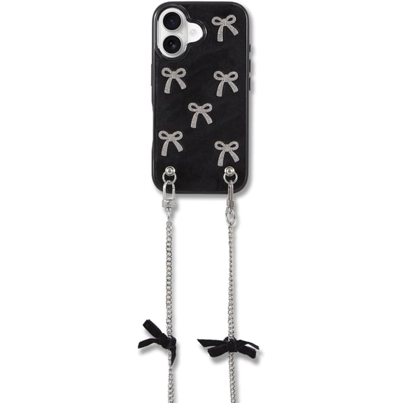 PLUHKN-Crossbody Case for iPhone 17 - Black with Stylish Silver Detachable Chain - Silver Bows