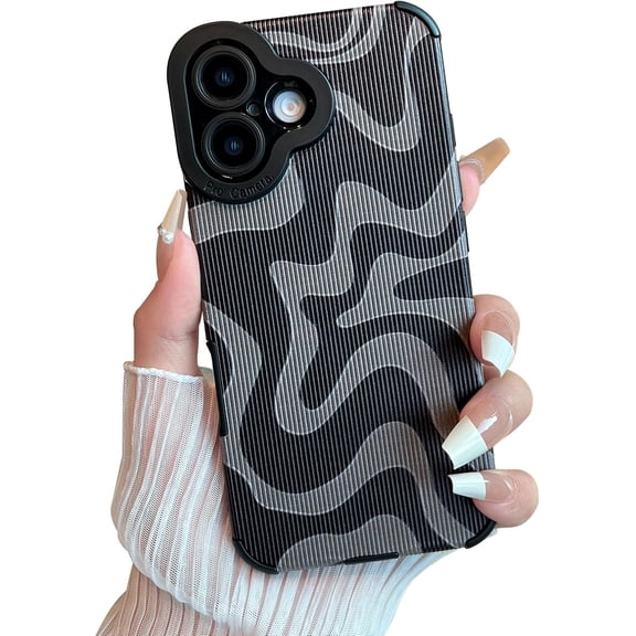 PLUHKN-Designed for iPhone 16 Plus Phone Case, Soft PU Leather TPU and Cute Art Wavy Painted for Women Girls, Slim Protective Shockproof Compatible with iPhone Case (Grey, iPhone 16 Plus)