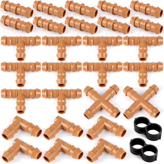 PLUHKN-Drip Irrigation Fittings Kit (17mm) for 1/2" Tubing (.600" ID), 10 Couplings, 10 Tees, 6 Elbows, 2 Cross and 2 Tubing End Closure - Barded Connectors for Drip Sprinkler Systems(30 Pieces Set)