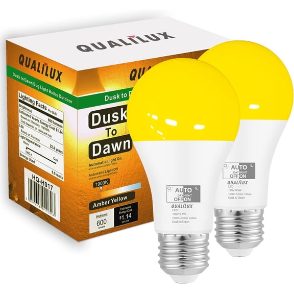 PLUHKN-Dusk to Dawn Bug Light Bulbs Outdoor, 1900K Amber Yellow, 600 Lumen, LED 9.5W, A19 E26, 2-Pack, HQ-H017
