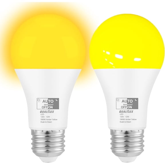 PLUHKN-Dusk to Dawn Light Bulbs, Auto On/Off Light Sensing LED Bulbs Outdoor, Amber Yellow Bug Light, A19 2-Pack, 12W 800LM 60W Equivalent, HQ-H019