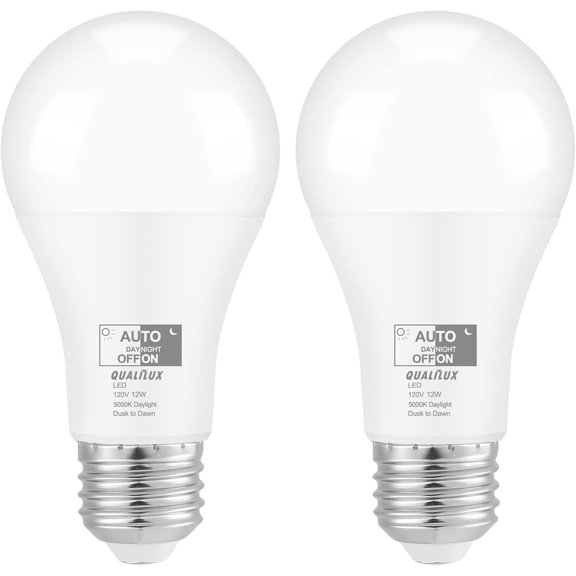 PLUHKN-Dusk to Dawn Light Bulbs, Auto On/Off Light Sensing LED Bulbs Outdoor, Daylight, A19 2-Pack, 12W 1000LM 75W Equivalent, HQ-H023