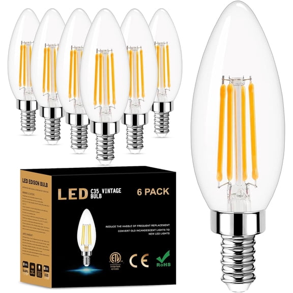 PLUHKN-E12 LED Bulb Dimmable, Candelabra LED Bulb 40W Equivalent, 3000K Warm White, B11 B10 Type B LED Light Bulbs 4W, 400LM, CRI 85+, Clear Filament Candle Light Bulbs Small Base, 6 Pack