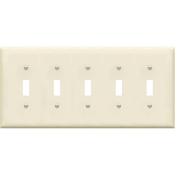 PLUHKN-Five Gang Light Switch Wall Plate, Toggle Switch Plate, Gloss Finish, 5-Gang Mid-Size 4.88" x 10.39", Unbreakable Polycarbonate Thermoplastic, 8815M-LA, Light Almond