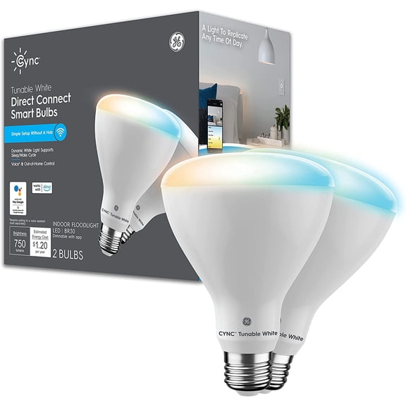 PLUHKN-GE CYNC Smart LED Light Bulbs, Tunable White, Bluetooth and Wi-Fi, Works with Alexa and Google, BR30 Indoor Floodlights (2 Pack)