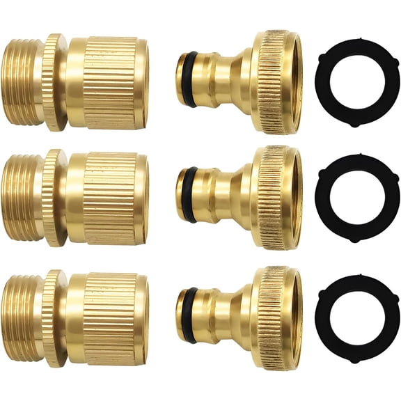 PLUHKN-Garden Hose Quick Connector 3/4 Inch GHT Solid Brass (Male & Female)-Easy Connect,No-Leak Water Hose Fittings Kit (3 Set)