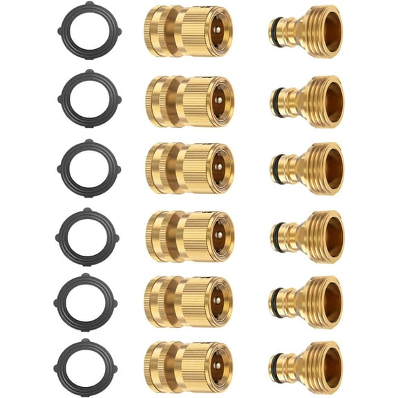 PLUHKN-Garden Hose Quick Connector Set, Solid Brass 3/4 Inch Water Fitings Thread Easy Connect No-Leak Male Female 6 Sets