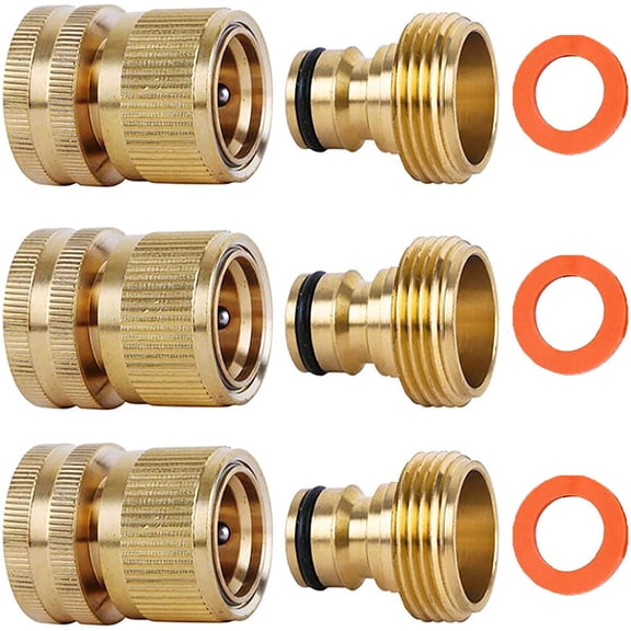 PLUHKN-Garden Hose Quick Connectors, Solid Brass 3/4 inch GHT Thread Easy Connect Fittings No-Leak Water Hose Male Female Value Pack (3)