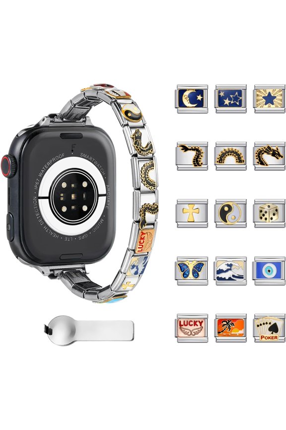 -Italian Charm Bracelet Apple Watch Band for Men Women, DIY Stainless Steel Watch Strap Compatible with Apple Watch Series 10/SE/9/8/7/6/5/4/3/2/1 (38~46mm), 15 Charms & Tool Included