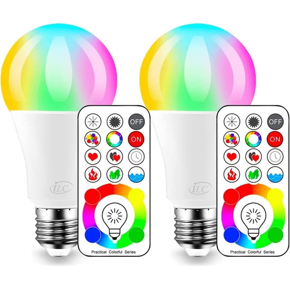 PLUHKN-LED Color Changing Light Bulb, 120 Colors, 5700K Daylight White, 70 Watt Equivalent with Remote Control RGBW RGB Daylight and White Timing Function - A19 E26 Edison Screw (2 Pack)