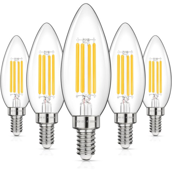 PLUHKN-LED E12 Candelabra Light Bulbs 40W Equivalent, 4W B11 Candle Base Bulbs, Soft White 3000K Chandelier Bulb, 500LM Clear Glass Filament Type B Bulb Non-Dimmable, 5 Pack