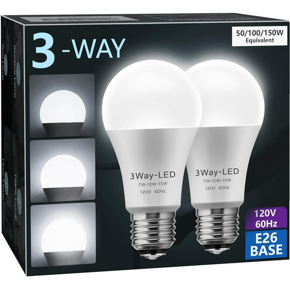 PLUHKN-LED Light Bulbs, 3 Way LED Light Bulbs 50 100 150W Equivalent, Three Way A19 Light Bulbs E26 Medium Base, Daylight White 5000K, 500lm-1000lm-1500lm, 2Pack