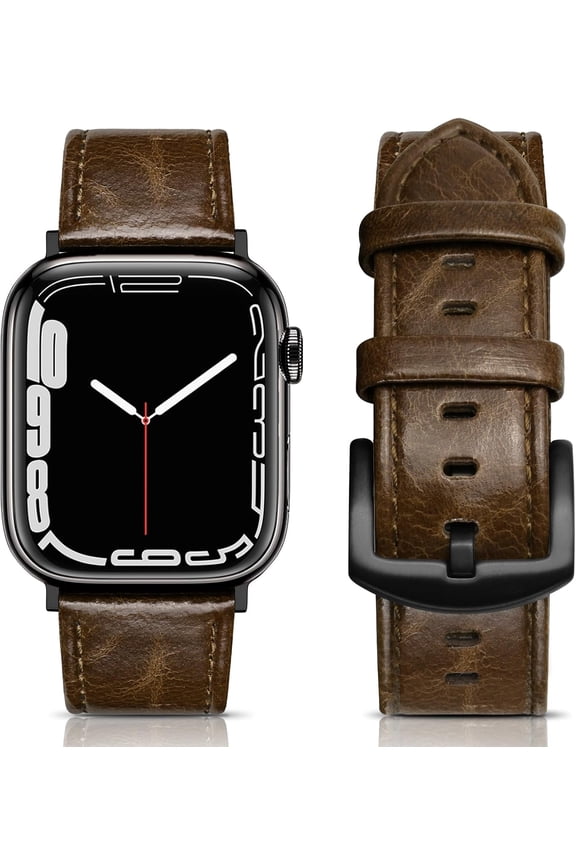 -Leather Band Compatible with Apple Watch Bands 46mm 45mm 44mm 42mm (Series 1/2/3) Men Women, Vintage Genuine Leather Replacement Wristband for iWatch Series 10 9 8 7 6 5 4 3 2 1 SE Retro Walnu
