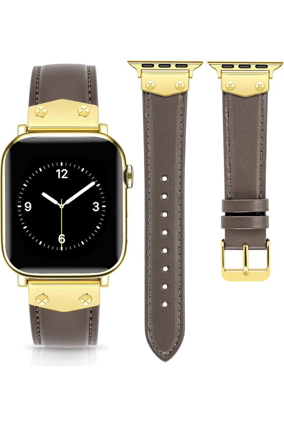 -Leather Band Compatible with Apple Watch Bands Women 38mm 40mm 41mm 42mm 44mm 45mm 46mm 49mm, Top Genuine Leather Strap with Studded Metal Charms for iWatch SE Series 11/10/9/8/7/6/5/4/3/2/1 U