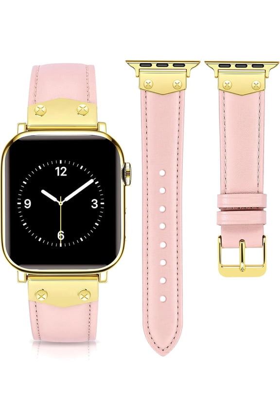 -Leather Band Compatible with Apple Watch Bands Women 38mm 40mm 41mm 42mm 44mm 45mm 46mm 49mm, Top Genuine Leather Strap with Studded Metal Charms for iWatch SE Series 11/10/9/8/7/6/5/4/3/2/1 U