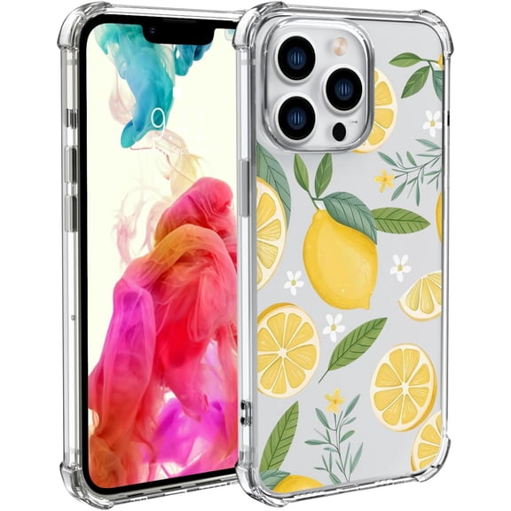 PLUHKN-Lemon Phone Case for iPhone 14 Lemon Case Cover Clear Phone Case Transparent Four Corner Reinforced Shockproof Girly Women Phone Cover