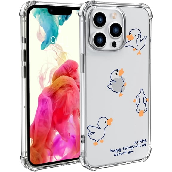 PLUHKN-Lovely Duck Phone Case for iPhone 16 Cute Duck Case Cover Clear Phone Case w/Four Corner Reinforced Shockproof Girly Women Phone Cover Transparent with Cute Design