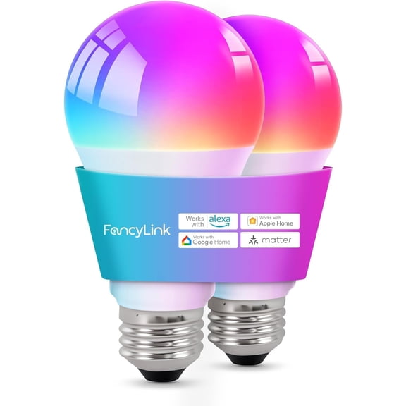 PLUHKN-Matter Smart Light Bulbs, Color Changing Light Bulb, hub Required, A19 60W,2.4Ghz WiFi only,Compatible with Alexa Google Assistant, Apple Home,16 Million Colors RGBCW 800 Lumen,2 Pack