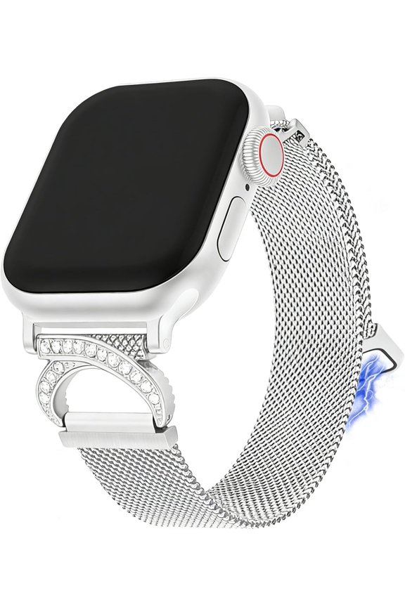 -Metal Mesh Compatible with Apple Watch Bands for Women 38/40/41/42/44/45/46/49mm, Stylish D-shape with Diamonds Stainless Steel Strap Magnetic Clasp for iWatch Series SE 10 9 8 7 6 5 4 3 2 1