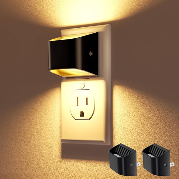 PLUHKN-Night Lights Plug into Wall, 2 Pack Up and Down LED Night Light with Dusk to Dawn Light Sensor, 3000K Warm White Nightlight for Hallway, Bedroom, Bathroom, Kitchen Black