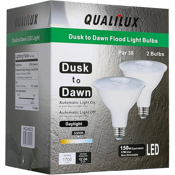 PLUHKN-PAR38 Dusk to Dawn LED Flood Light Bulbs, Daylight White 5000K, 150W Equivalent 17W, 1700LM, Auto On/Off Light Sensing Outdoor Light Bulb, 2 Pack, Non-Dimmable, HQ-H033