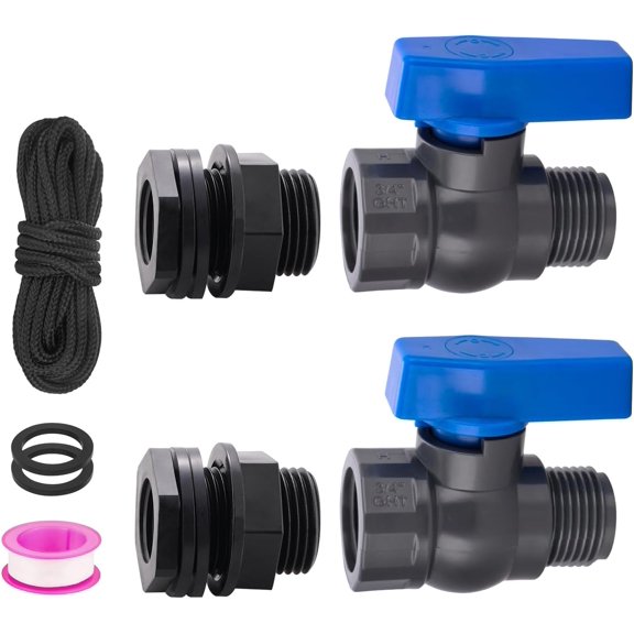 PLUHKN-PVC Rain Barrel Spigot Kit 2 Pack 3/4" GHT Garden Hose Shut Off Valve With Bulkhead Fitting Garden Hose Thread Ball Valve for Water Adapter Tanks, Aquariums, Tubs, Pools