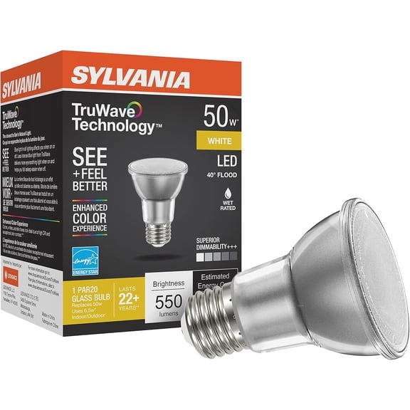 PLUHKN-SYLVANIA LED TruWave Natural Series PAR20 Light Bulb, 50W Equivalent, Efficient 6W, Medium Base, Dimmable, 3000K, White - 1 Pack (40920)