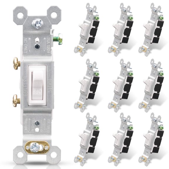 PLUHKN-Single Pole Toggle Light Switch, 15 Amp, 120 Volt, Toggle Framed AC Quiet, in Wall On/Off Switch Replacement, Self-Grounding, Residential and Commercial Grade, UL (10 Pack, Glossy White)