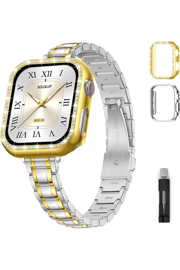-Slim Metal for Apple Watch Bands for Women 40mm,Thin Elegant Stainless Steel Dressy Wristband Business Strap for iWatch Bands with Protective Case Series 6/5/4/SE3/SE2/SE,05-Silver/Gold