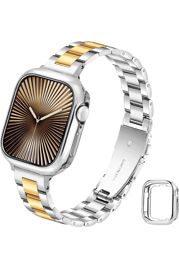 -Slim Metal Band for Apple Watch Bands for Women 45mm 44mm 42mm(S3) iWatch Bands with Protective Case, Stainless Steel Thin Dressy Strap for Apple Watch Band Series 9 8 SE 7 6 5 4 3-Silver Gold