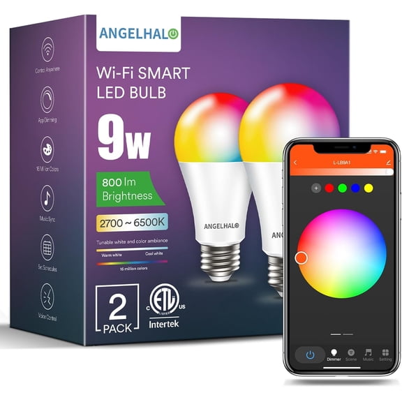 PLUHKN-Smart Light Bulbs, Color Changing A19 LED Light Bulb, Work with Alexa and Google Assistant, Wi-Fi & Bluetooth Light Bulbs, 16 Million Colors RGBCW, Music Sync, 800 Lumens, 2.4Ghz only,2 Pack