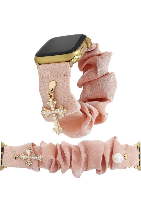 -Stylish Scrunchie Band Compatible with Apple Watch Bands Women 46 49 44 45 42 41 40 38mm,Stretch Wristband with Cute Charms Pendants Satin Strap for iWatch Series 11 10 9 8 7 6 5 4 SE/Ultra 3