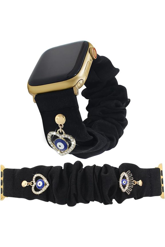 -Stylish Scrunchie Band Compatible with Apple Watch Bands Women 46 49 44 45 42 41 40 38mm,Stretch Wristband with Cute Charms Pendants Satin Strap for iWatch Series 11 10 9 8 7 6 5 4 SE/Ultra 3