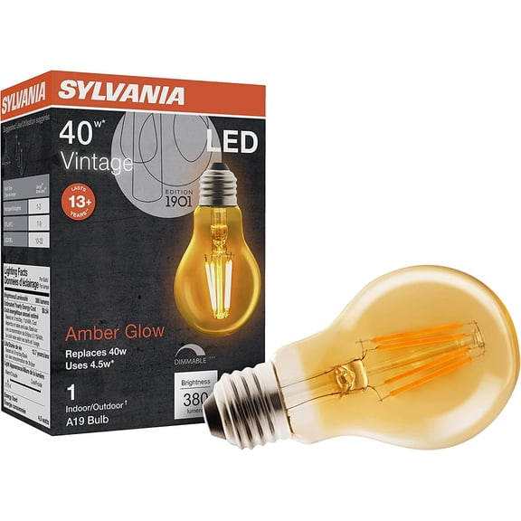PLUHKN-Sylvania A19 LED Vintage Light Bulb, 40W Equivalent Efficient 4.5W, 13 Year, 380 Lumens, Dimmable, Amber Glow - 1 Pack (75347)