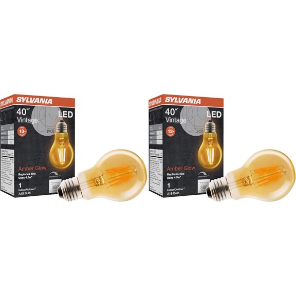 PLUHKN-Sylvania A19 LED Vintage Light Bulb, 40W Equivalent Efficient 4.5W, 13 Year, 380 Lumens, Dimmable, Amber Glow - 2 Pack (75347)